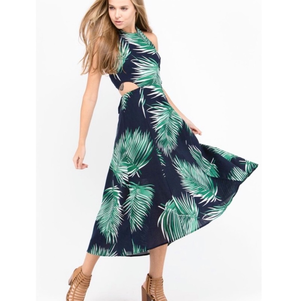 L Petal Roz Linen Open Back Tie Midi Dress Halter Navy Green Palm Fronds Cut-Out